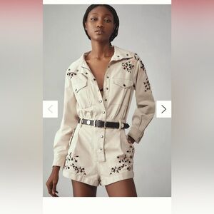 NWT L Anthropologie Long Sleeve Embroidered Utility Romper